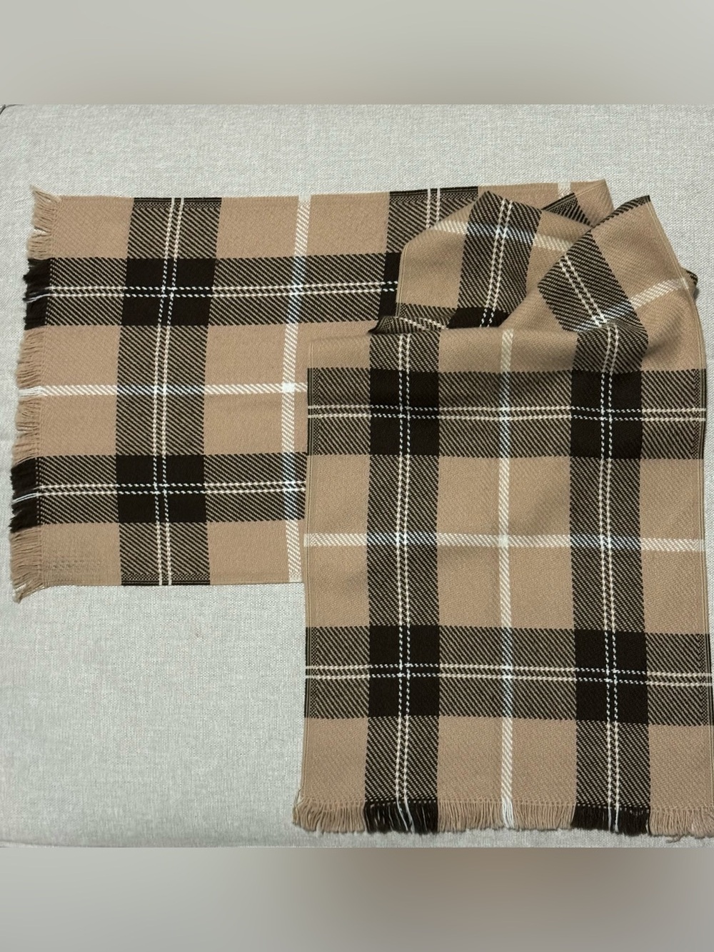 Vintage J. C. Penny Scarf-Brown Tan White Plaid-Short Fringe-Acrylic-Unisex-EUC